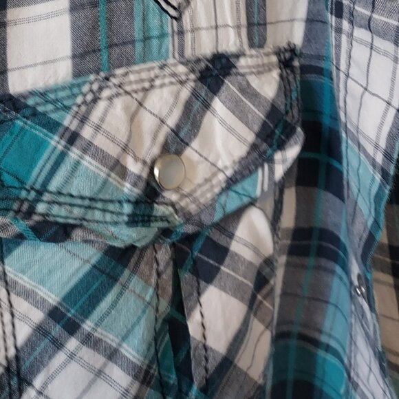 Pop Icon turquoise and white plaid cotton shirt - Picture 7 of 10